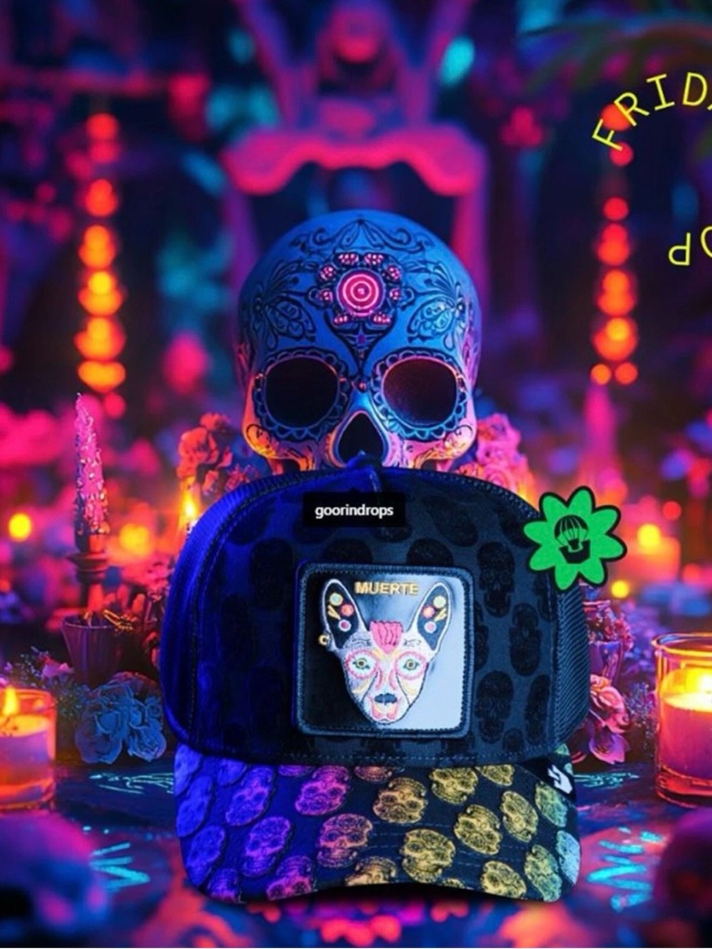 Goorin Bros "DIA DE MUERTOS" Trucker Hat. Mesh SnapBack. NWT
